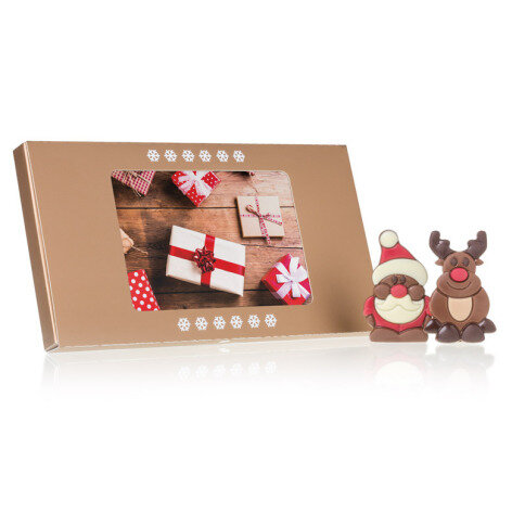 Santas & Reindeers Postcard - 4 Schoko-Weihnachtsmänner & 4 -Rentiere in Foto-Schachtel