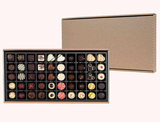Ein einzigartiges Set aus 50 Pralinen aus belgischer Schokolade h&ouml;chster Qualit&auml;t