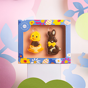 Schokoladenhuhn und Kaninchenfigur für Ostern