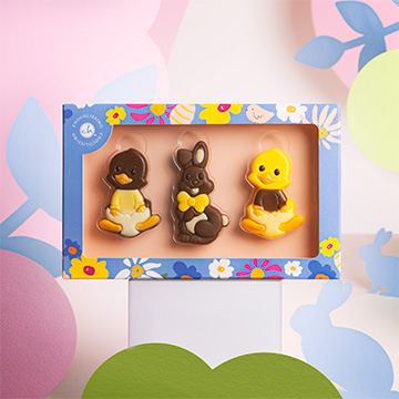 Österliches Figuren-Set aus belgischer Schokolade in Form von Hasen und Küken