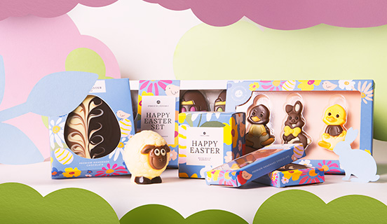 Geschenkverpackung für ein hochwertiges Ostergeschenk aus belgischer Schokolade