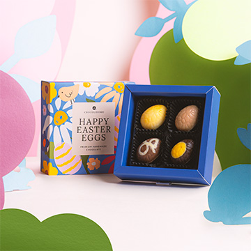 4 Pralinen in Oster-Ei-Form aus belgischer Schokolade in österlicher Aufmachung