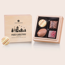 Xmas Premiere Mini Quadro - 4 Pralinen mit und ohne Alkohol im Holzkästchen