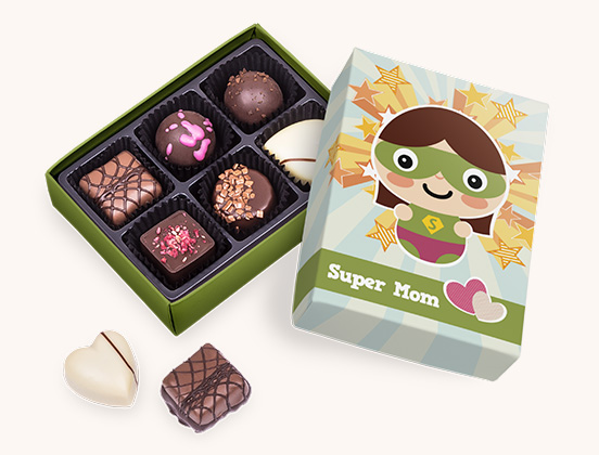 Einzigartige Eigenschaften eines Sets von Schokoladenpralinen zum Muttertag in einer lustigen Schachtel